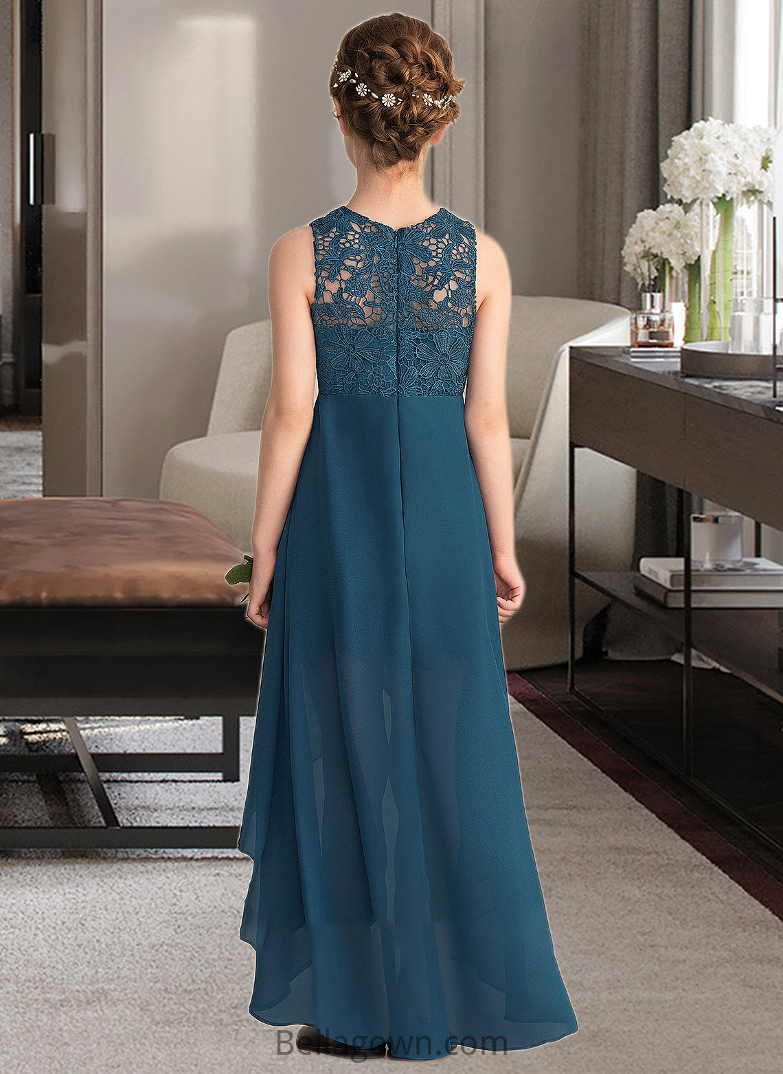 Melinda A-Line Scoop Neck Asymmetrical Chiffon Lace Junior Bridesmaid Dress DNP0013661