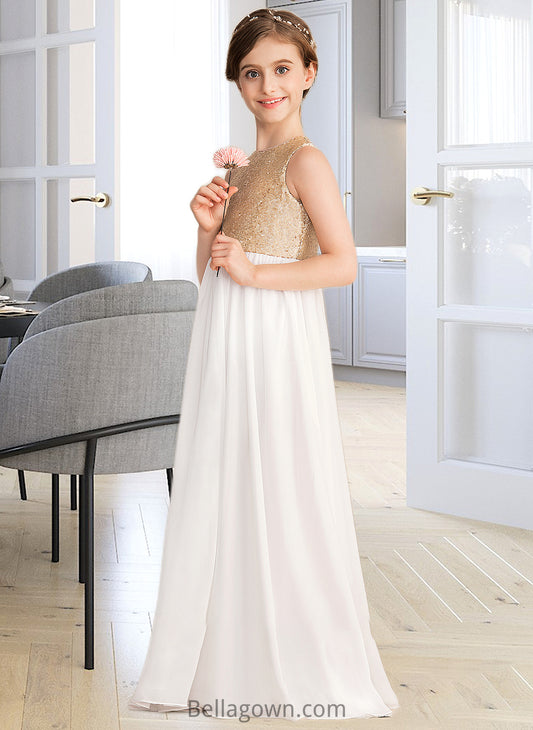 Helen A-Line Scoop Neck Floor-Length Chiffon Sequined Junior Bridesmaid Dress DNP0013662