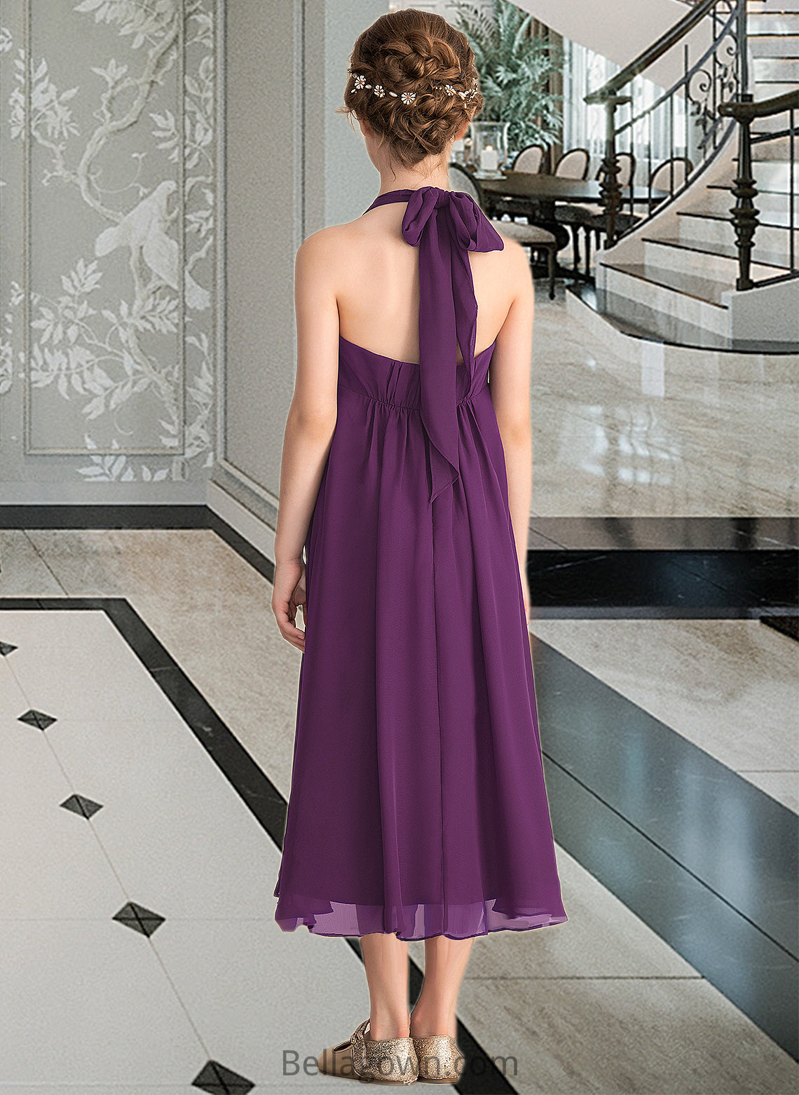 Thirza Empire Halter Asymmetrical Chiffon Junior Bridesmaid Dress With Beading Bow(s) DNP0013663