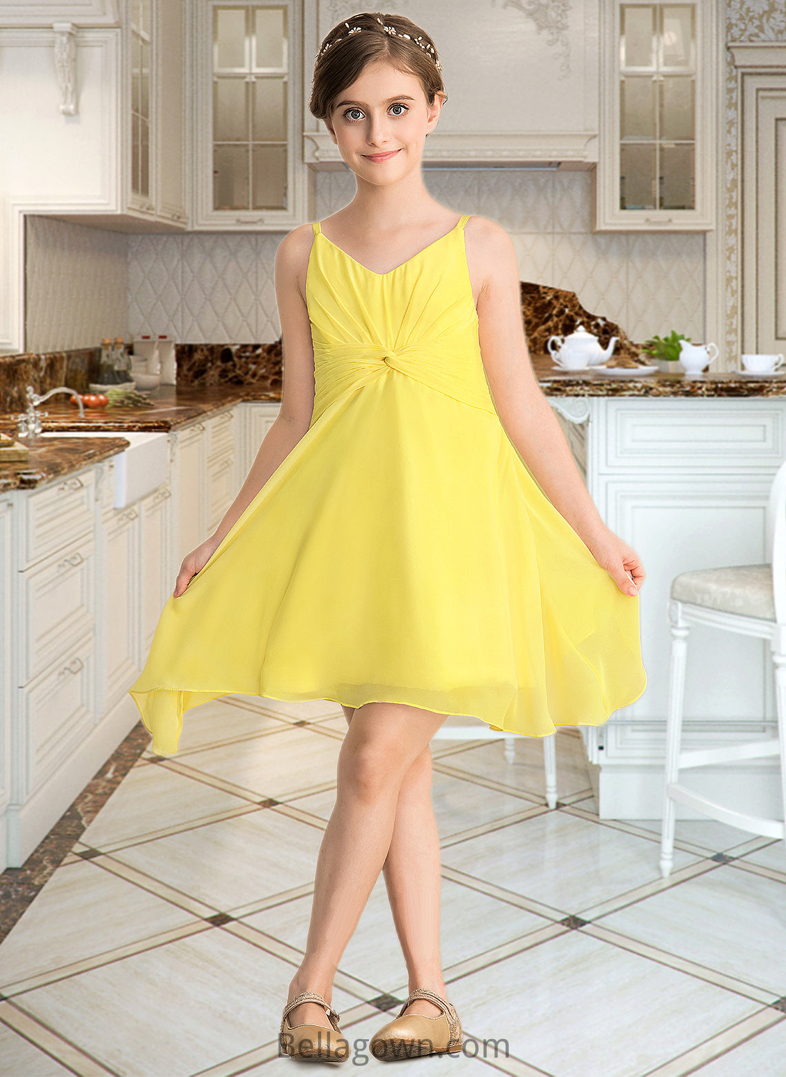 Anastasia A-Line V-neck Knee-Length Chiffon Junior Bridesmaid Dress With Ruffle DNP0013664