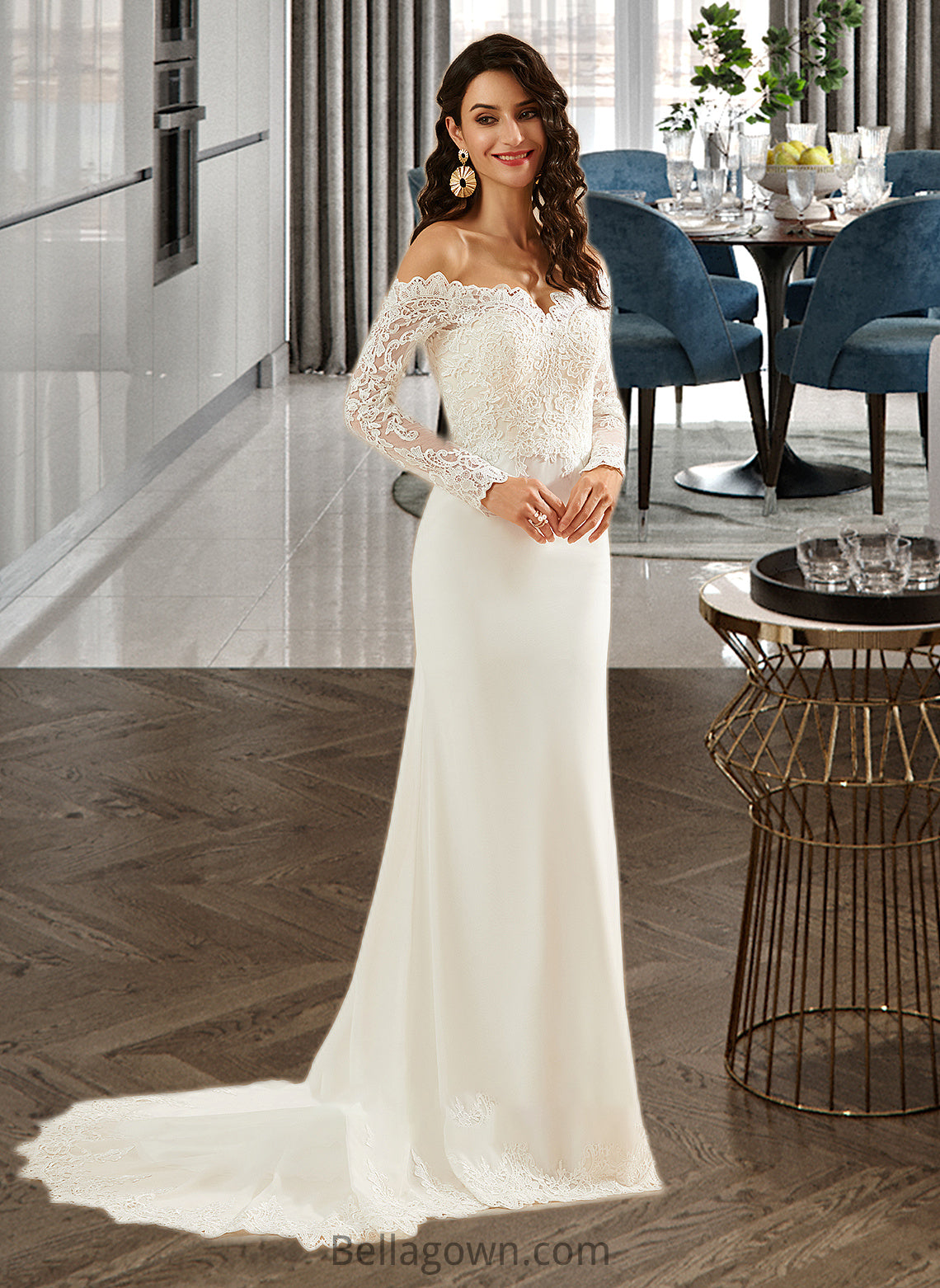 Kylie Trumpet/Mermaid Off-the-Shoulder Court Train Wedding Dress With Lace DNP0013680