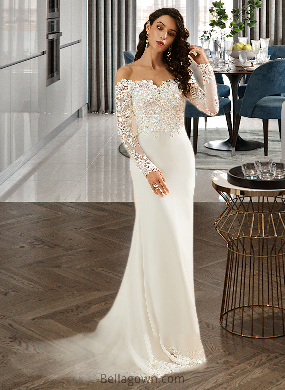 Kylie Trumpet/Mermaid Off-the-Shoulder Court Train Wedding Dress With Lace DNP0013680