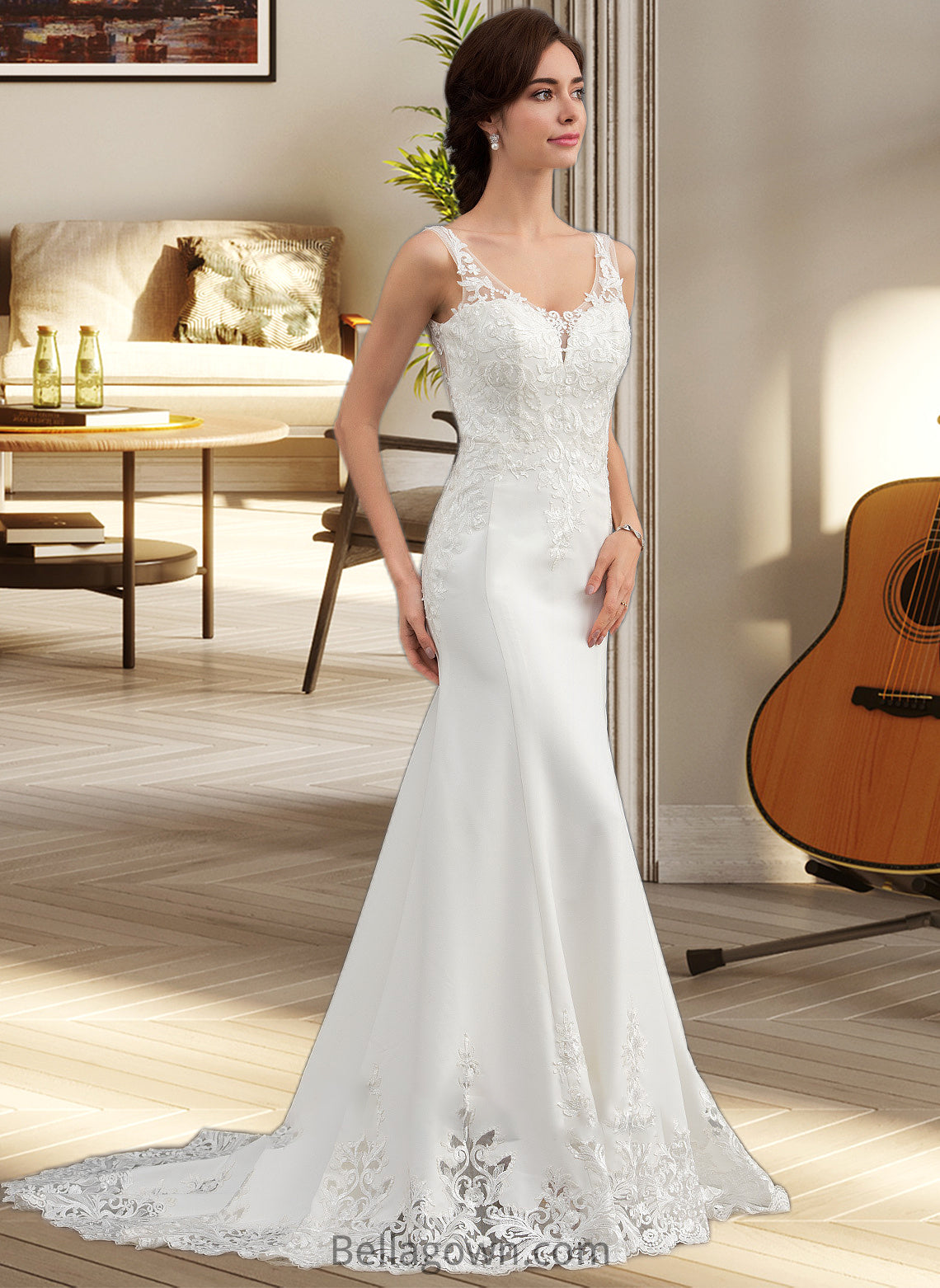 Cameron Trumpet/Mermaid V-neck Court Train Lace Stretch Crepe Wedding Dress With Sequins DNP0013738