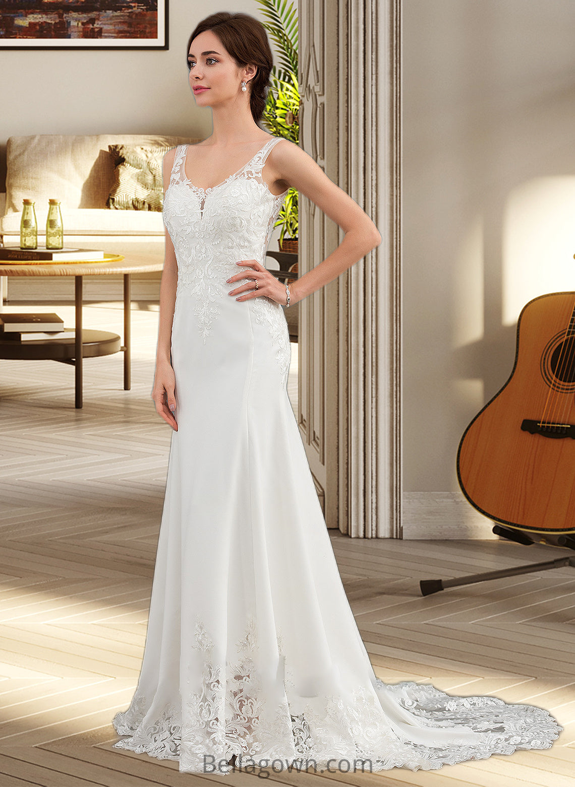 Cameron Trumpet/Mermaid V-neck Court Train Lace Stretch Crepe Wedding Dress With Sequins DNP0013738