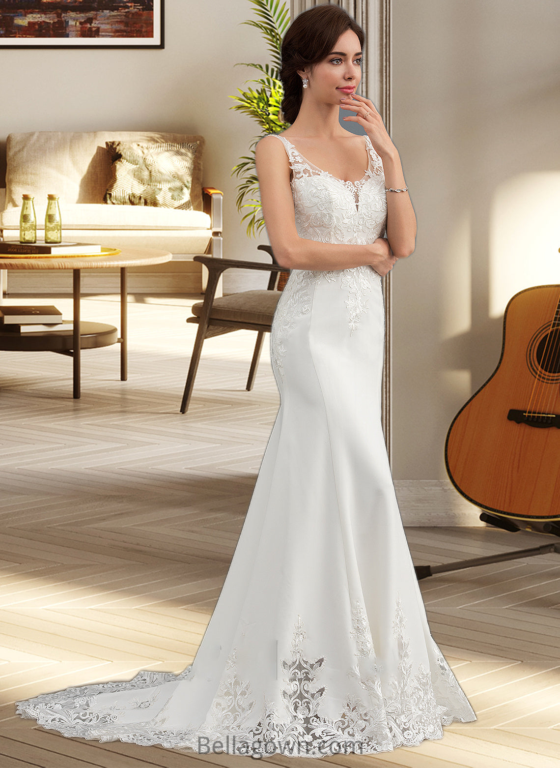 Cameron Trumpet/Mermaid V-neck Court Train Lace Stretch Crepe Wedding Dress With Sequins DNP0013738