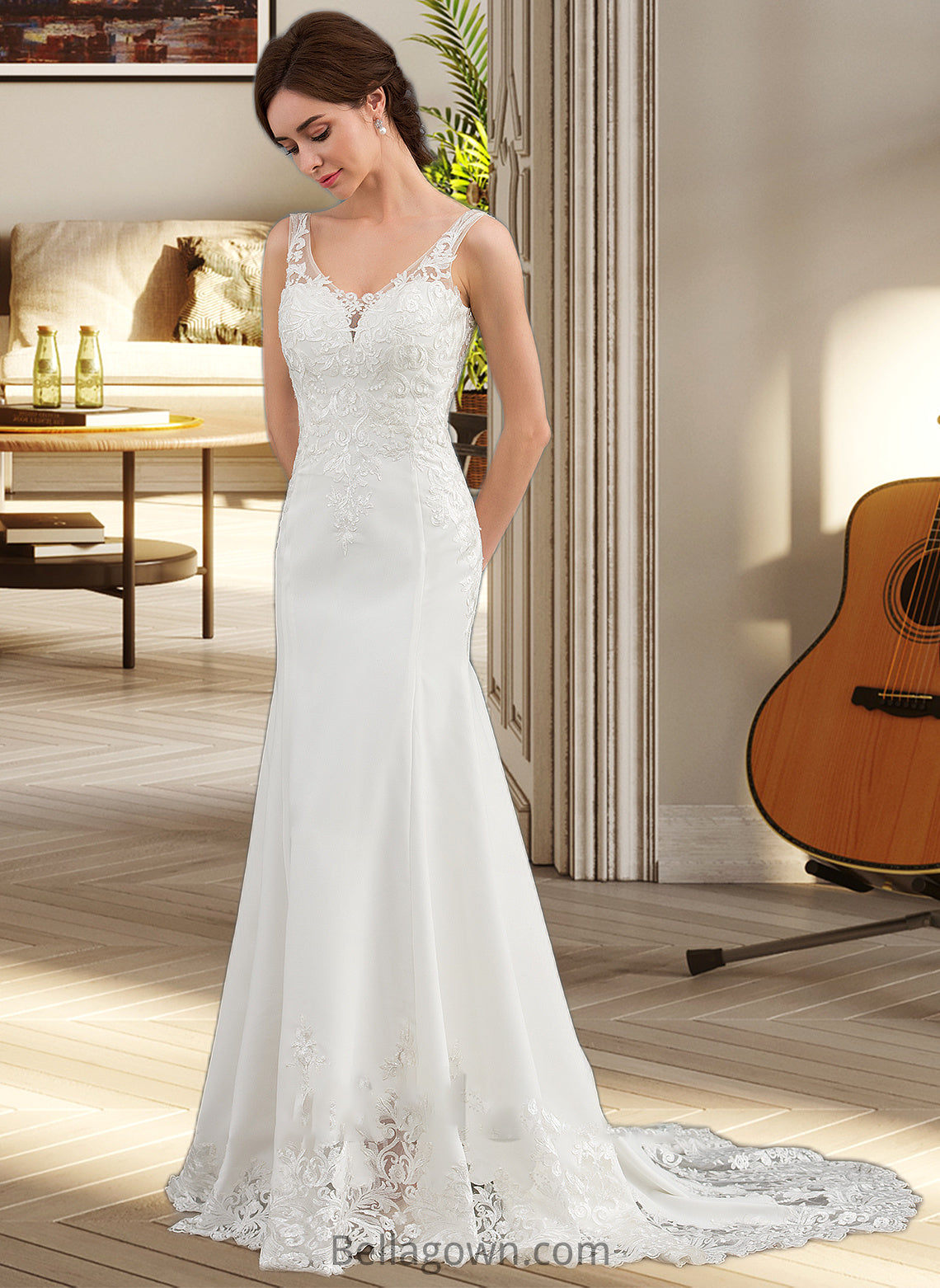 Cameron Trumpet/Mermaid V-neck Court Train Lace Stretch Crepe Wedding Dress With Sequins DNP0013738