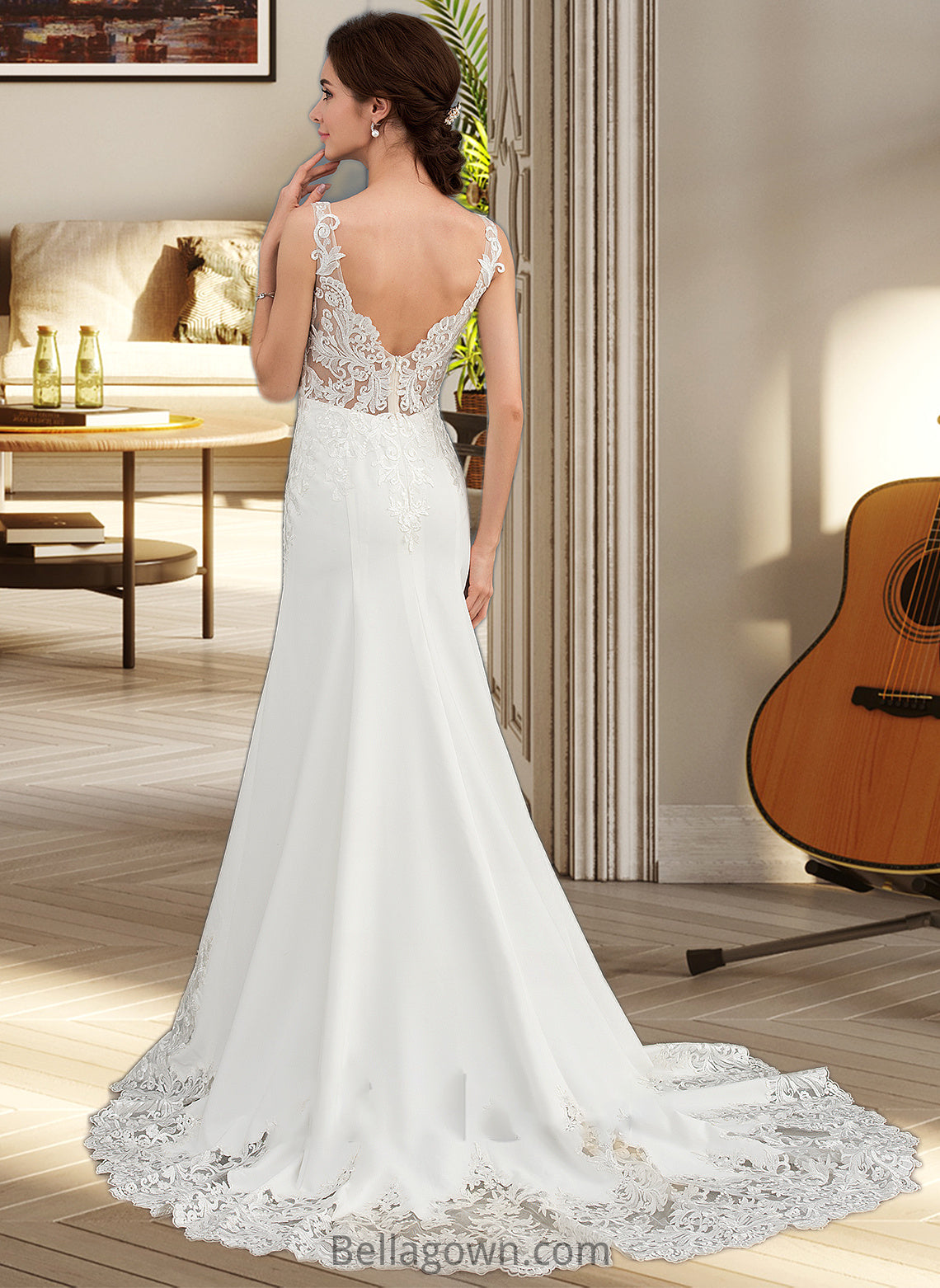 Cameron Trumpet/Mermaid V-neck Court Train Lace Stretch Crepe Wedding Dress With Sequins DNP0013738