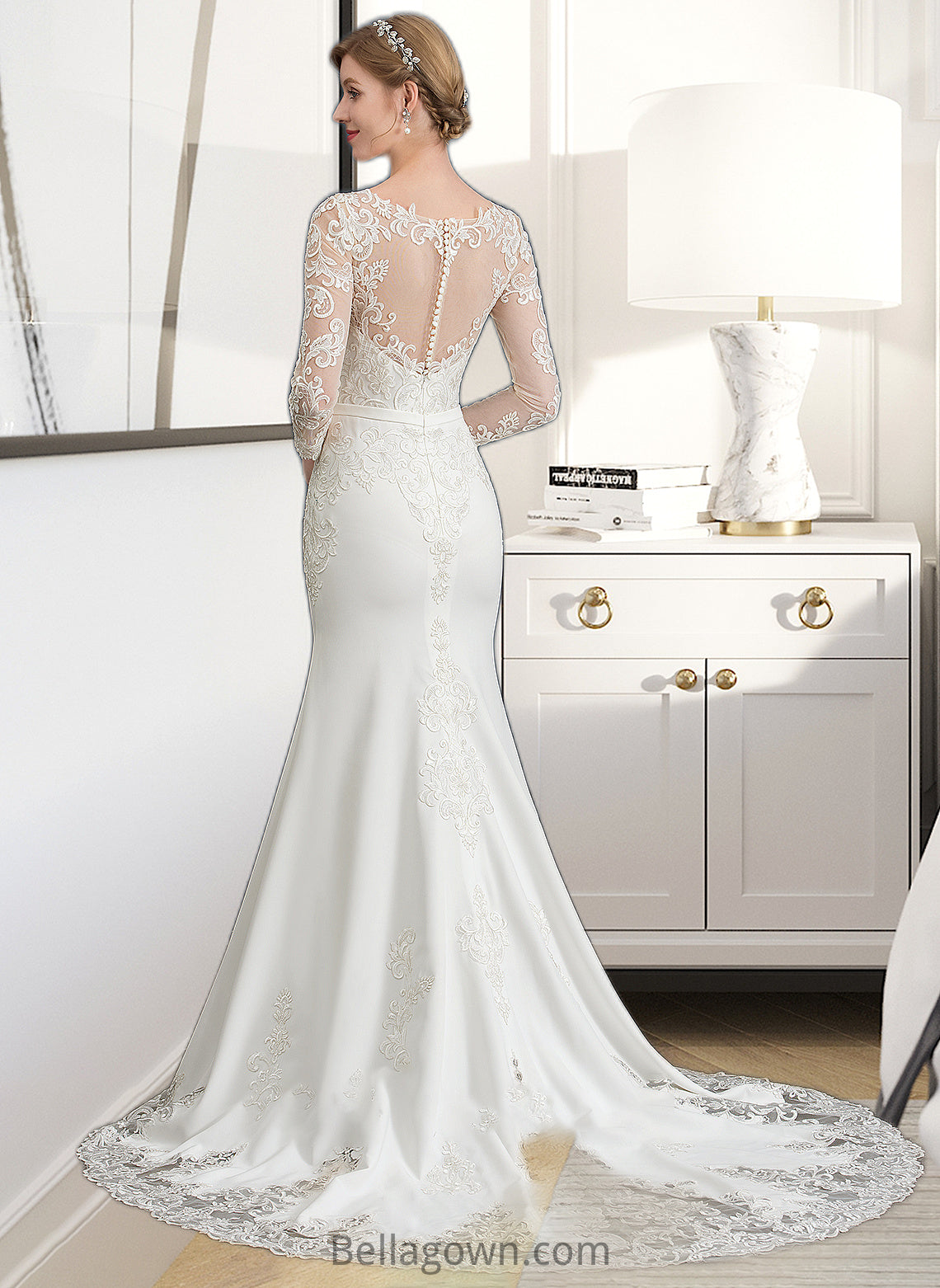 Mareli Trumpet/Mermaid Illusion Chapel Train Stretch Crepe Wedding Dress With Lace DNP0013740