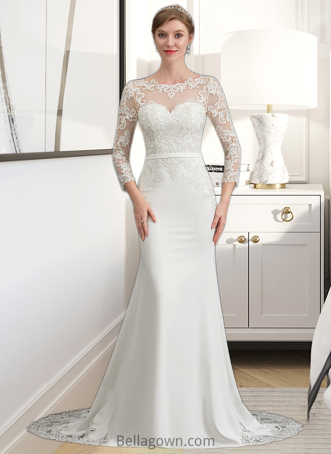 Mareli Trumpet/Mermaid Illusion Chapel Train Stretch Crepe Wedding Dress With Lace DNP0013740