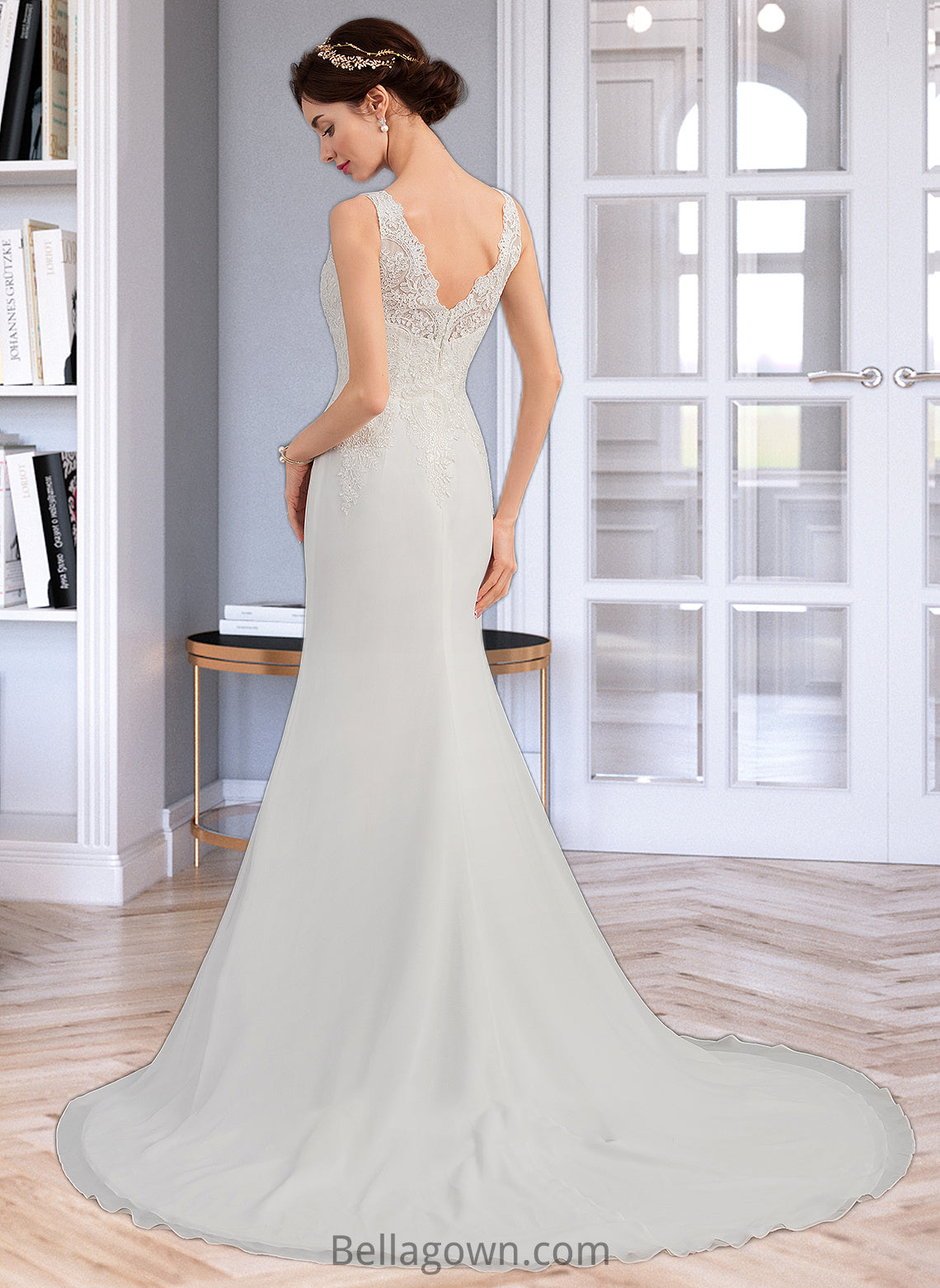 Rhoda Trumpet/Mermaid V-neck Court Train Chiffon Wedding Dress DNP0013788