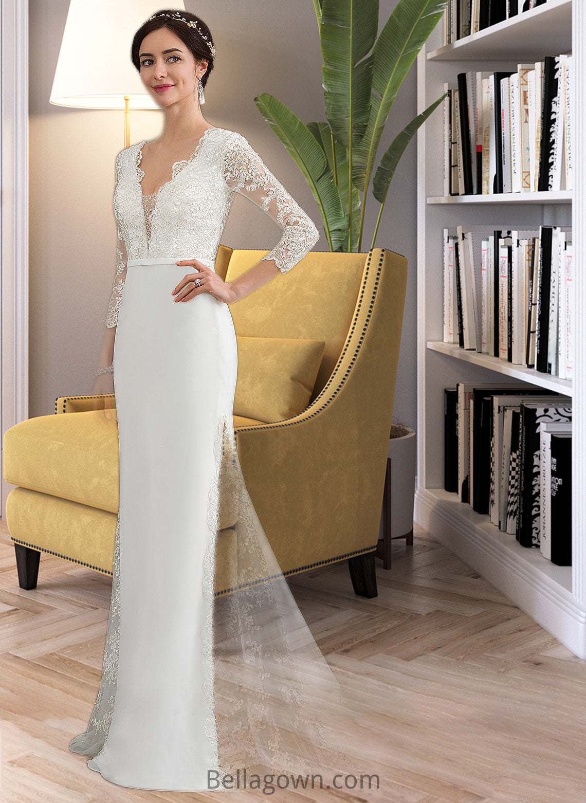 Cora Trumpet/Mermaid V-neck Chapel Train Chiffon Wedding Dress With Beading Sequins DNP0013795