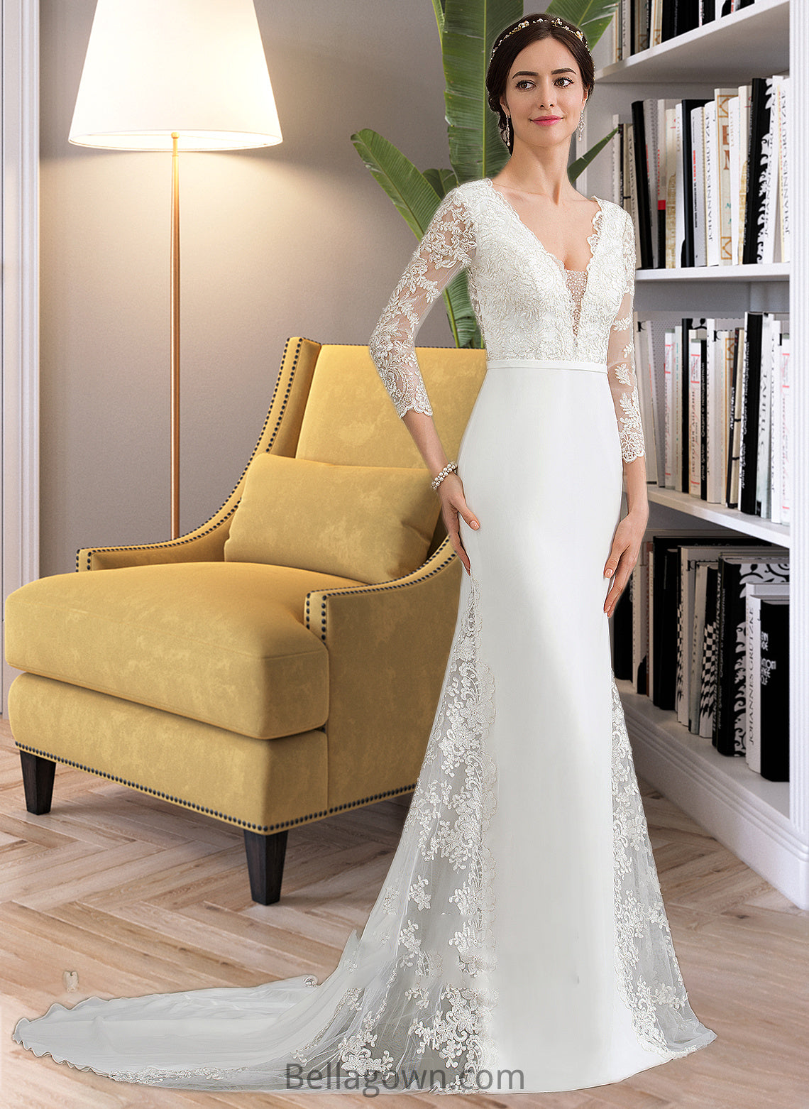 Cora Trumpet/Mermaid V-neck Chapel Train Chiffon Wedding Dress With Beading Sequins DNP0013795