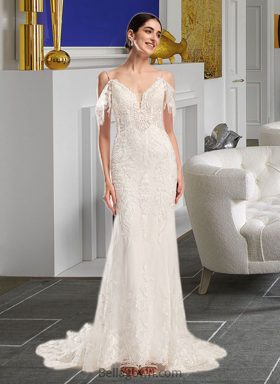 Shyann Trumpet/Mermaid V-neck Chapel Train Wedding Dress With Beading Sequins DNP0013802