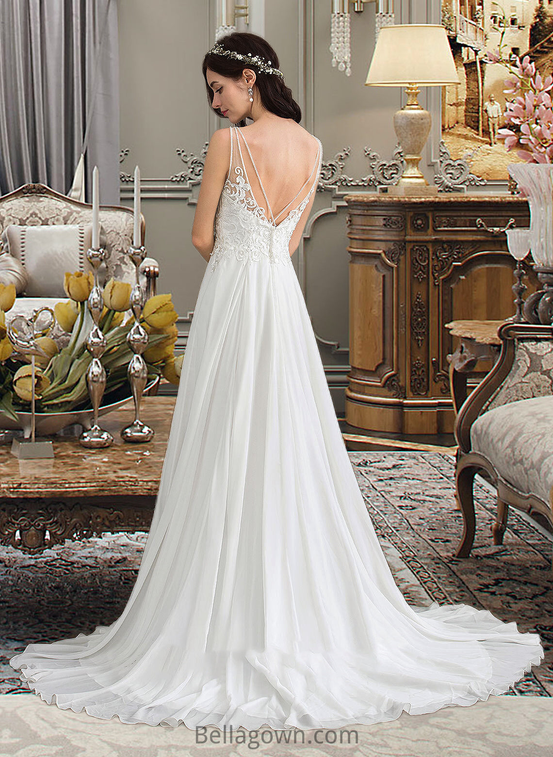 Alexia A-Line V-neck Sweep Train Chiffon Wedding Dress With Beading Sequins Split Front DNP0013806