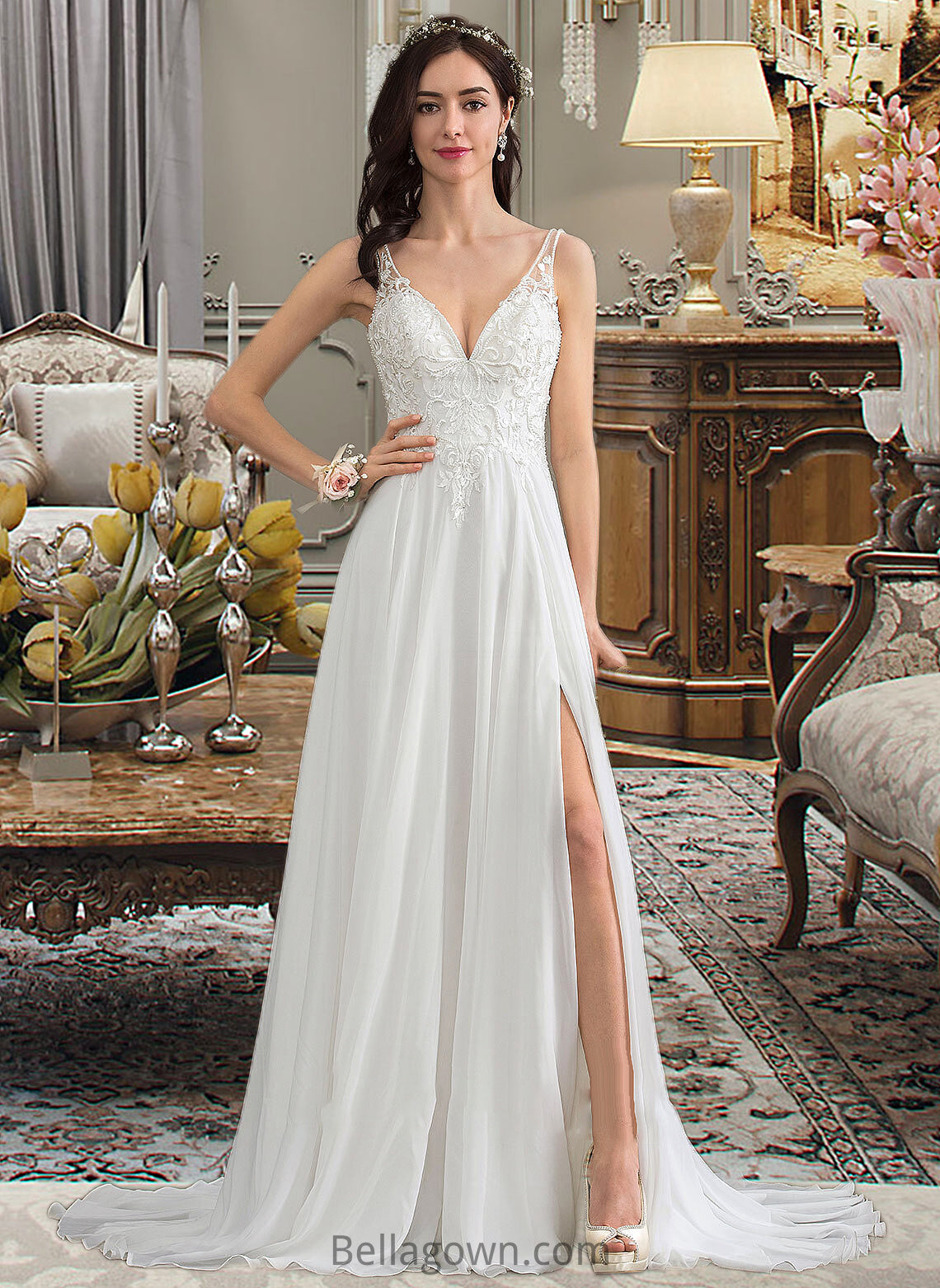 Alexia A-Line V-neck Sweep Train Chiffon Wedding Dress With Beading Sequins Split Front DNP0013806