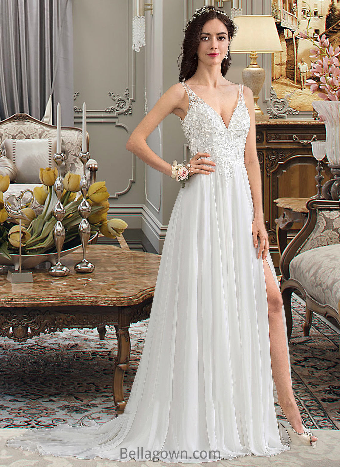 Alexia A-Line V-neck Sweep Train Chiffon Wedding Dress With Beading Sequins Split Front DNP0013806