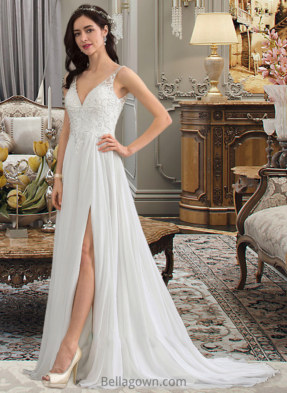 Alexia A-Line V-neck Sweep Train Chiffon Wedding Dress With Beading Sequins Split Front DNP0013806