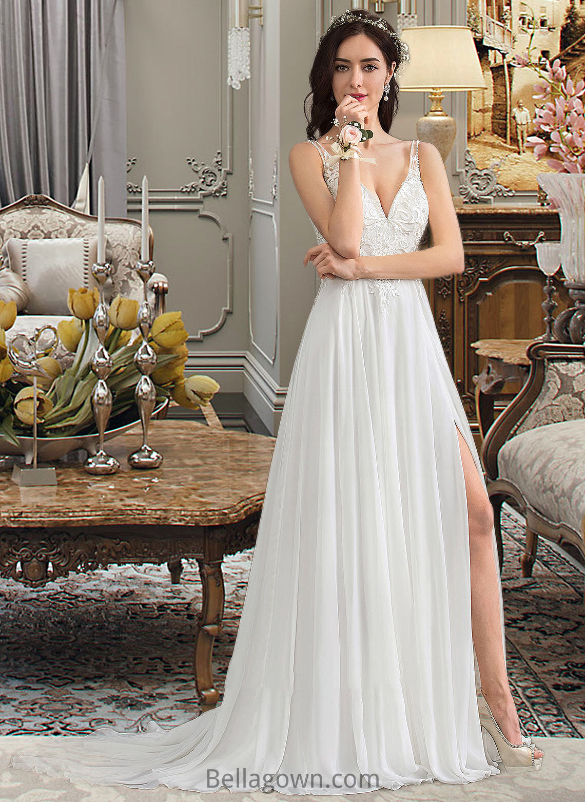 Alexia A-Line V-neck Sweep Train Chiffon Wedding Dress With Beading Sequins Split Front DNP0013806