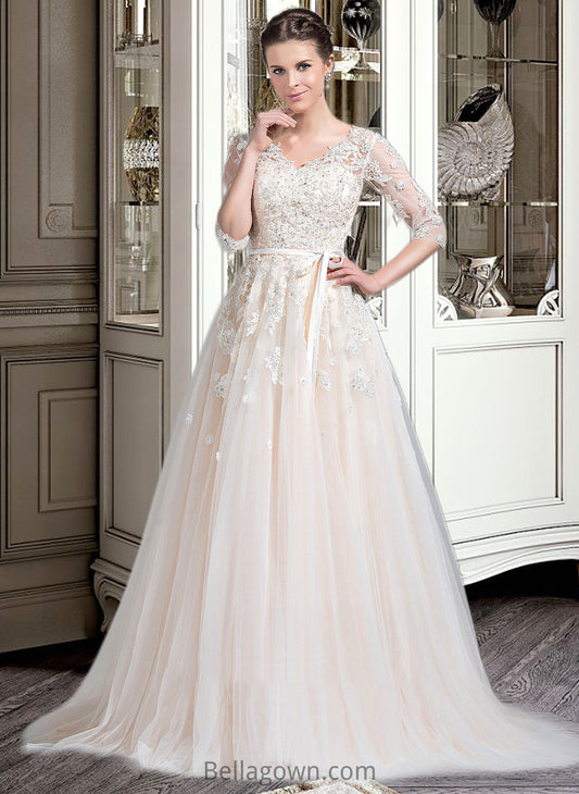 Luciana Ball-Gown/Princess V-neck Court Train Tulle Wedding Dress With Beading Appliques Lace Sequins Bow(s) DNP0013809