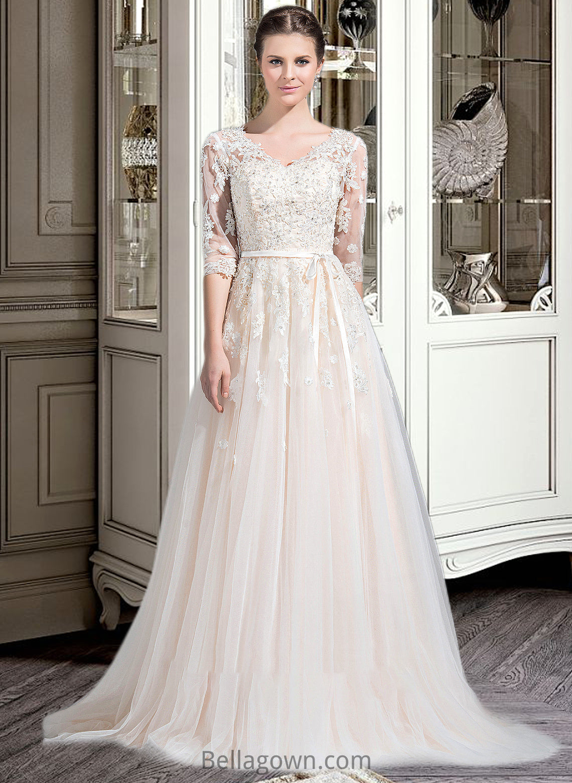 Luciana Ball-Gown/Princess V-neck Court Train Tulle Wedding Dress With Beading Appliques Lace Sequins Bow(s) DNP0013809