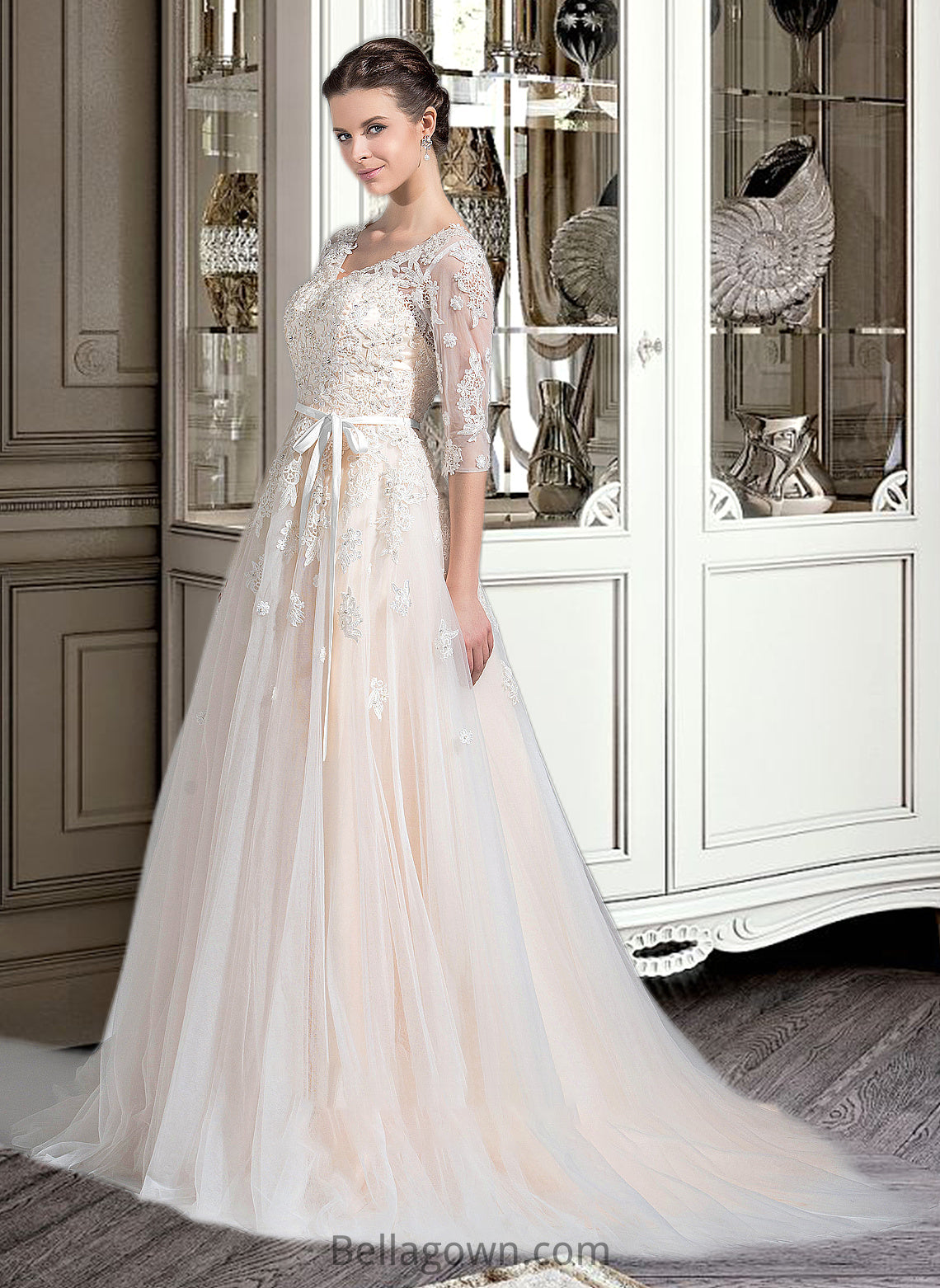 Luciana Ball-Gown/Princess V-neck Court Train Tulle Wedding Dress With Beading Appliques Lace Sequins Bow(s) DNP0013809