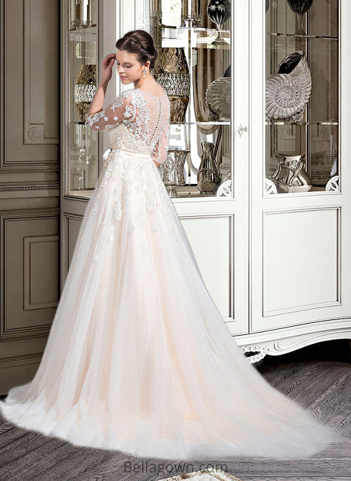 Luciana Ball-Gown/Princess V-neck Court Train Tulle Wedding Dress With Beading Appliques Lace Sequins Bow(s) DNP0013809