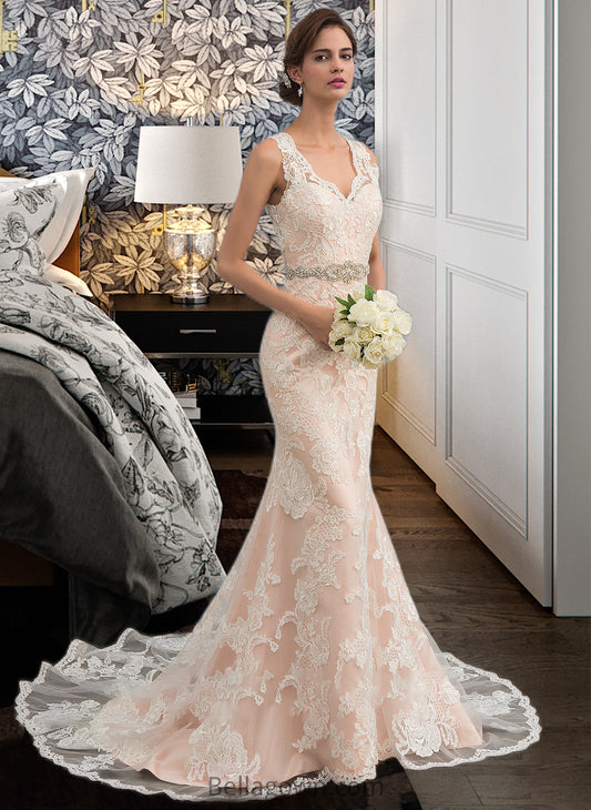 Jaden Trumpet/Mermaid V-neck Chapel Train Tulle Lace Wedding Dress With Beading DNP0013810