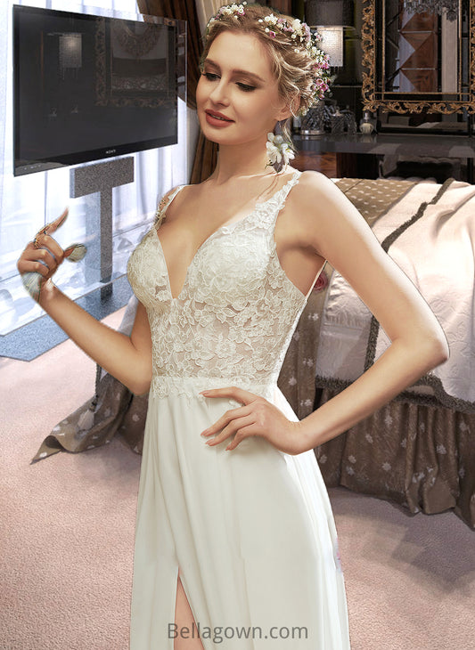 Roselyn A-Line V-neck Floor-Length Wedding Dress With Lace Split Front DNP0013815