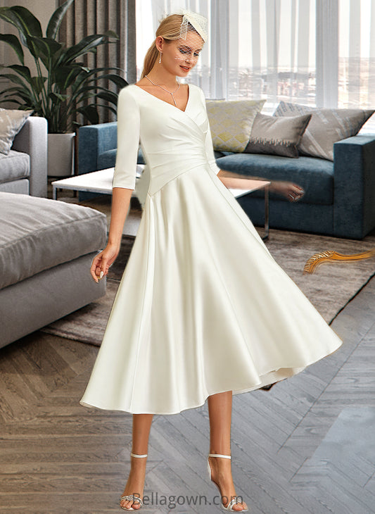 Vicky A-Line V-neck Tea-Length Satin Wedding Dress DNP0013817