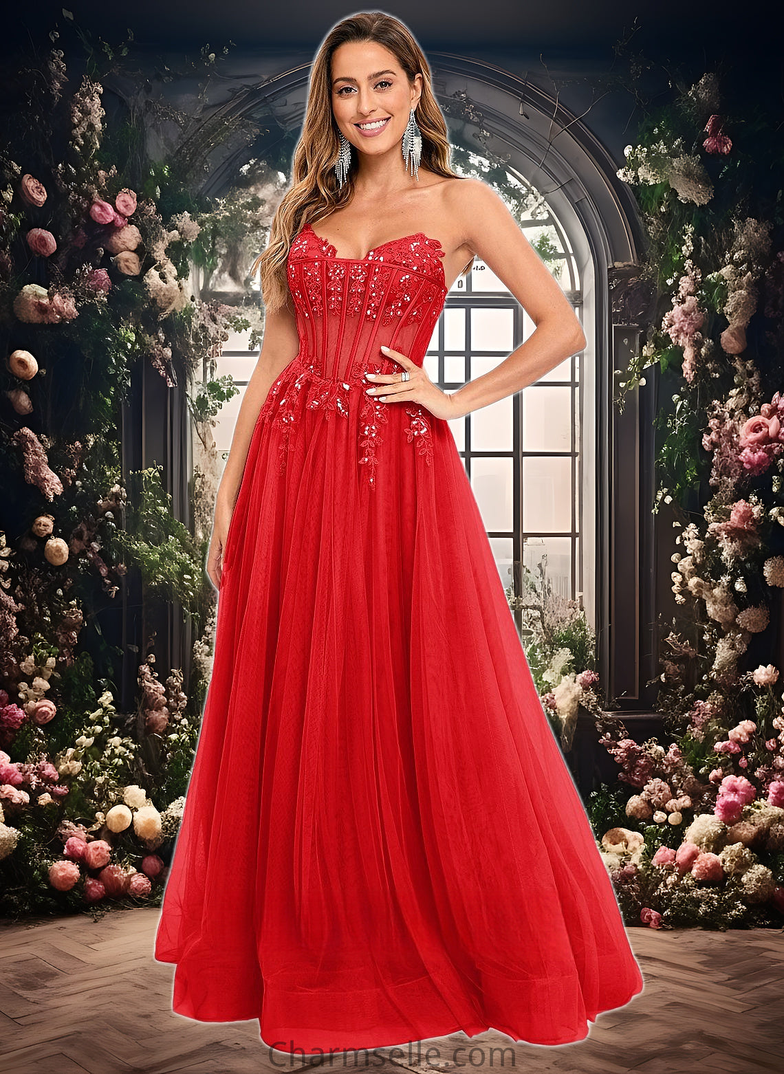 Aliza Ball-Gown/Princess V-Neck Floor-Length Tulle Prom Dresses With Sequins Appliques Lace DNP0025837