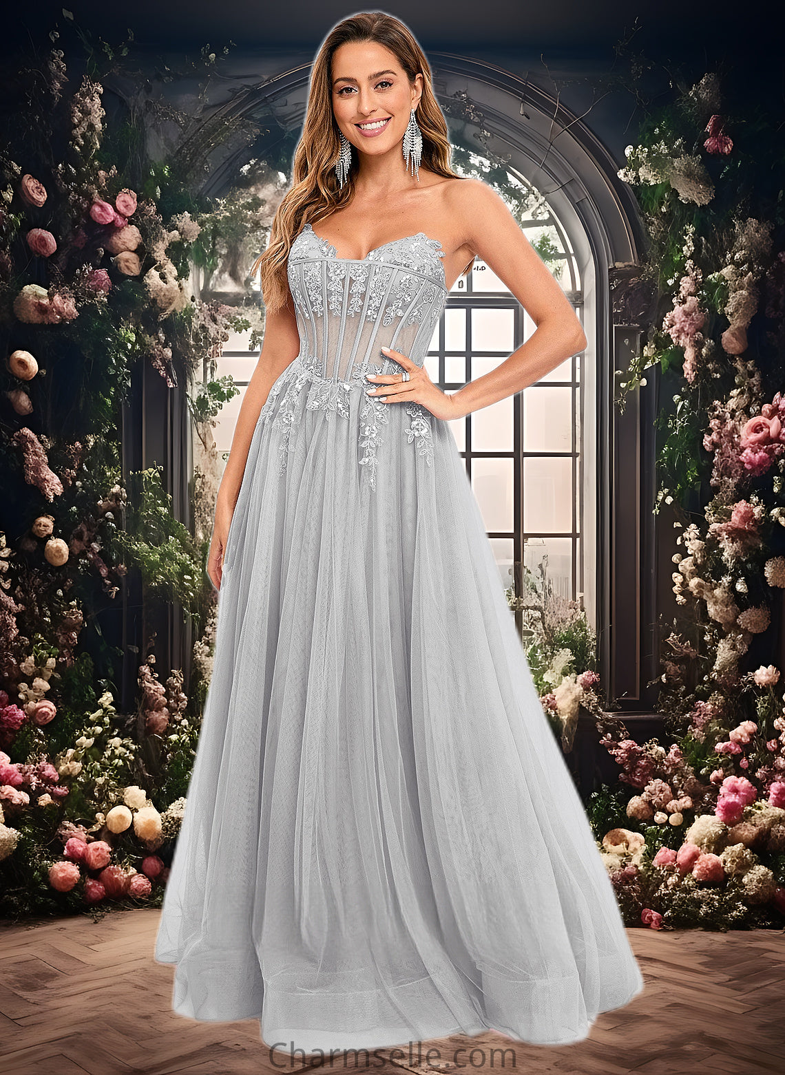 Aliza Ball-Gown/Princess V-Neck Floor-Length Tulle Prom Dresses With Sequins Appliques Lace DNP0025837