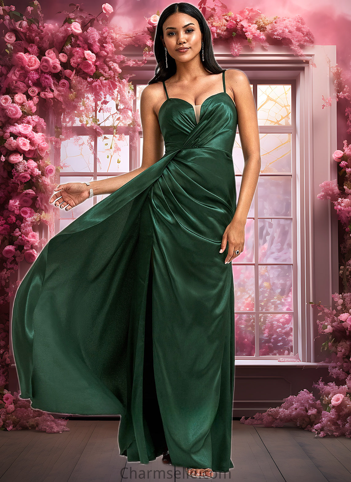 Rebecca A-line V-Neck Floor-Length Stretch Satin Bridesmaid Dress DNP0025745