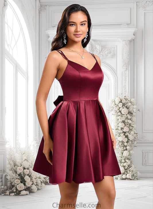 Emily Ball-Gown/Princess V-Neck Short Satin Homecoming Dress With Bow DNP0025662