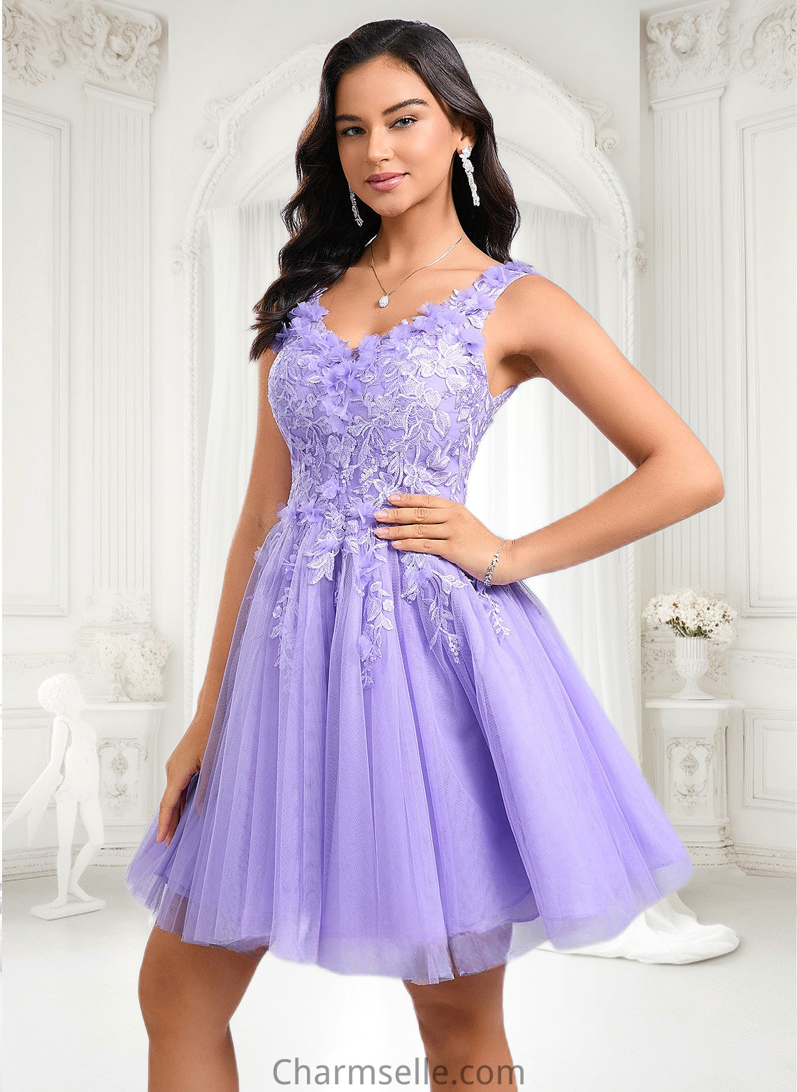 Danna Ball-Gown/Princess V-Neck Short Lace Tulle Homecoming Dress With Flower DNP0025656