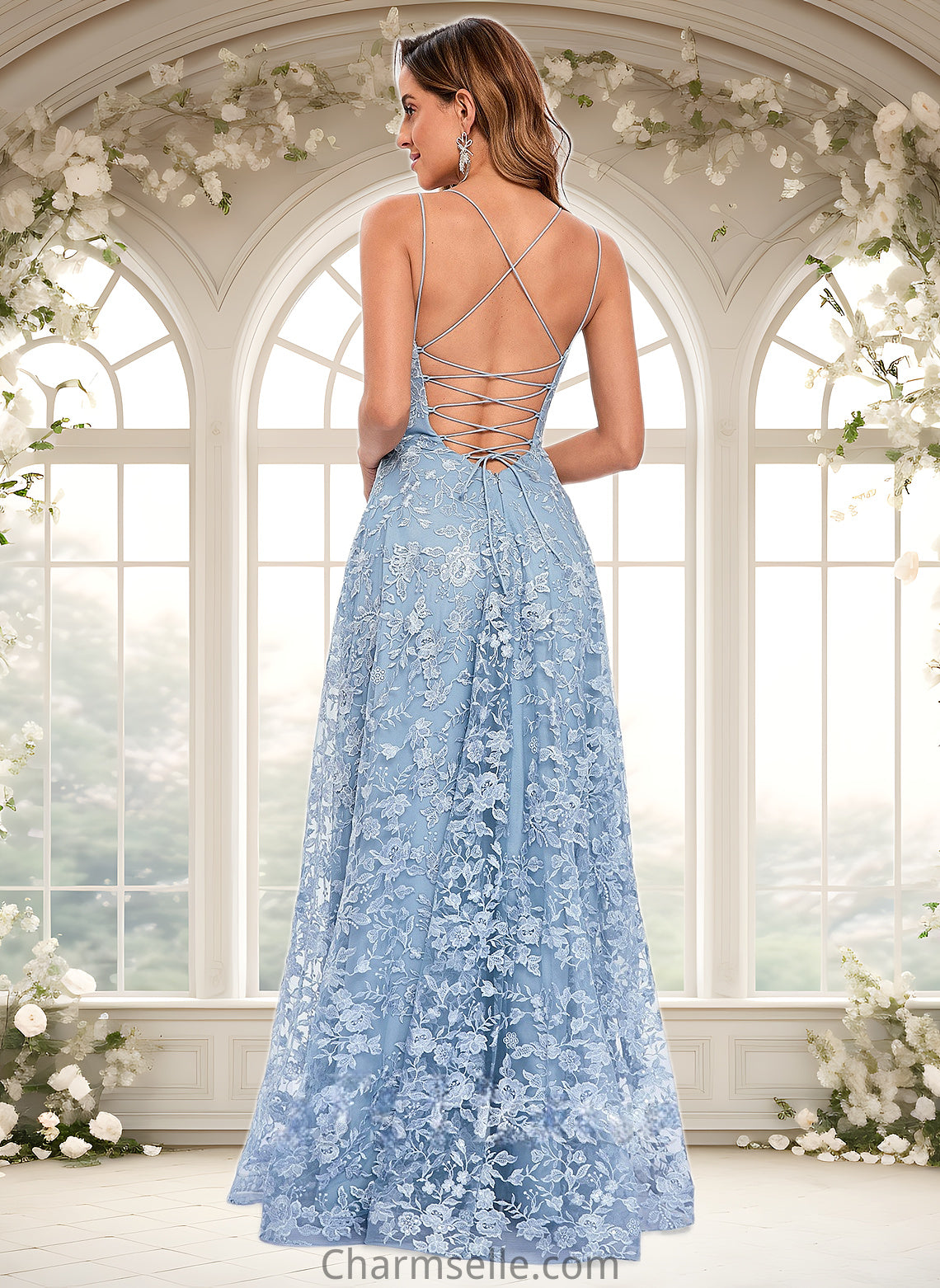 Rihanna A-line Scoop Floor-Length Lace Floral Prom Dresses DNP0025847