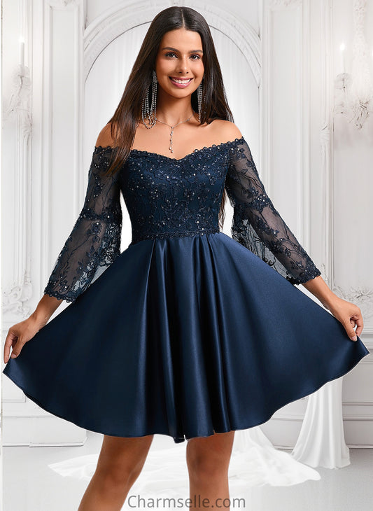 Geraldine A-line Off the Shoulder Short Satin Homecoming Dress With Sequins DNP0025651