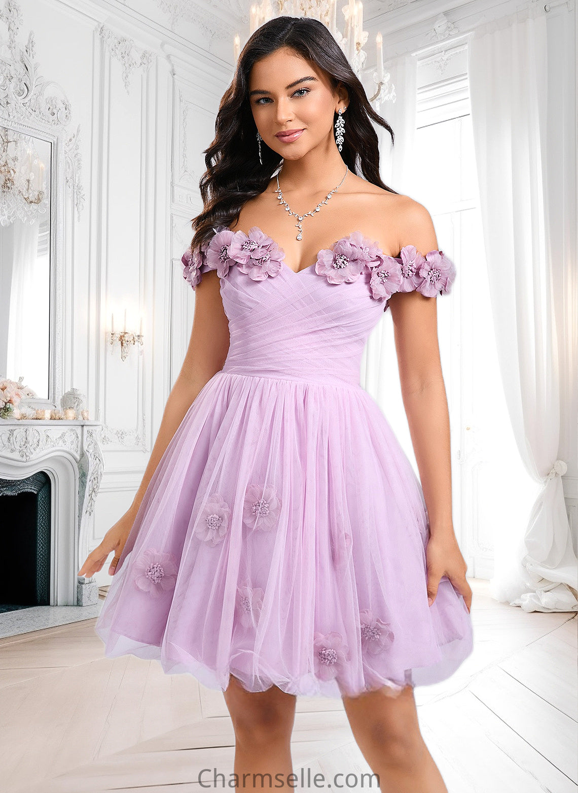 Mariana Ball-Gown/Princess Off the Shoulder Short Tulle Homecoming Dress With Pleated Flower DNP0025668