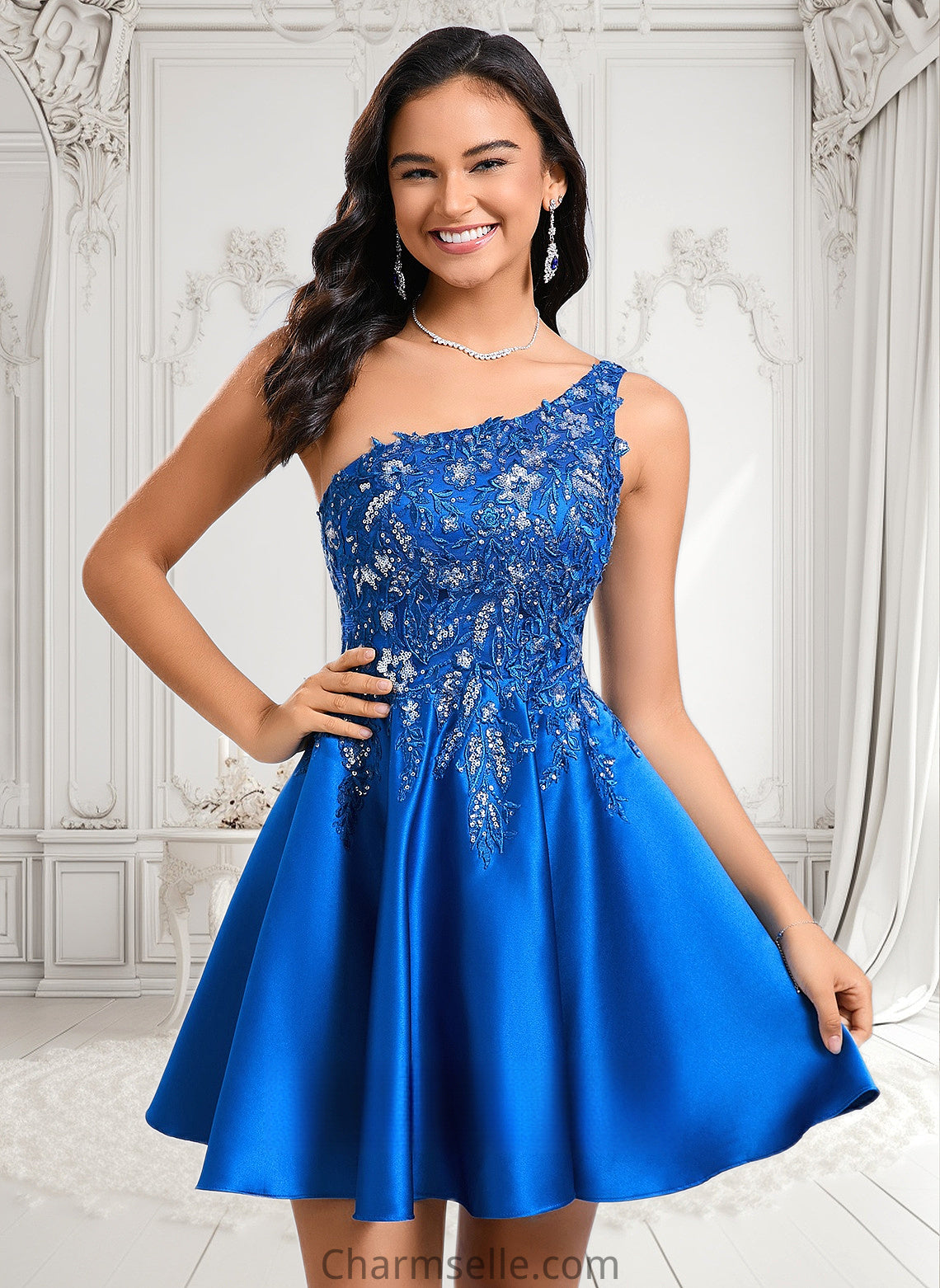 Shyla A-line One Shoulder Short Satin Homecoming Dress With Appliques Lace Sequins DNP0025657