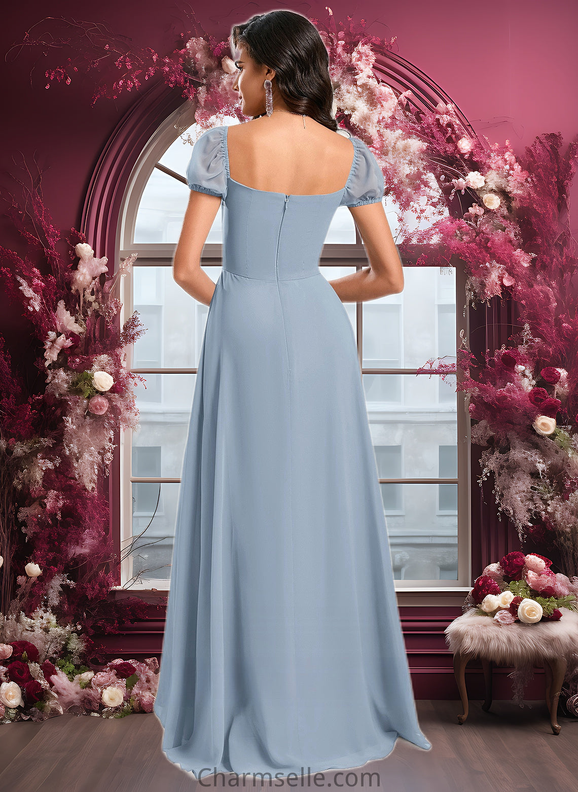 Mckinley A-line Square Floor-Length Chiffon Prom Dresses With Ruffle DNP0025872