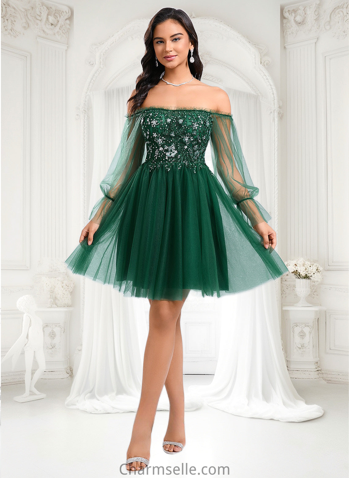 Eliza A-line Off the Shoulder Short Tulle Homecoming Dress With Sequins Appliques Lace DNP0025663