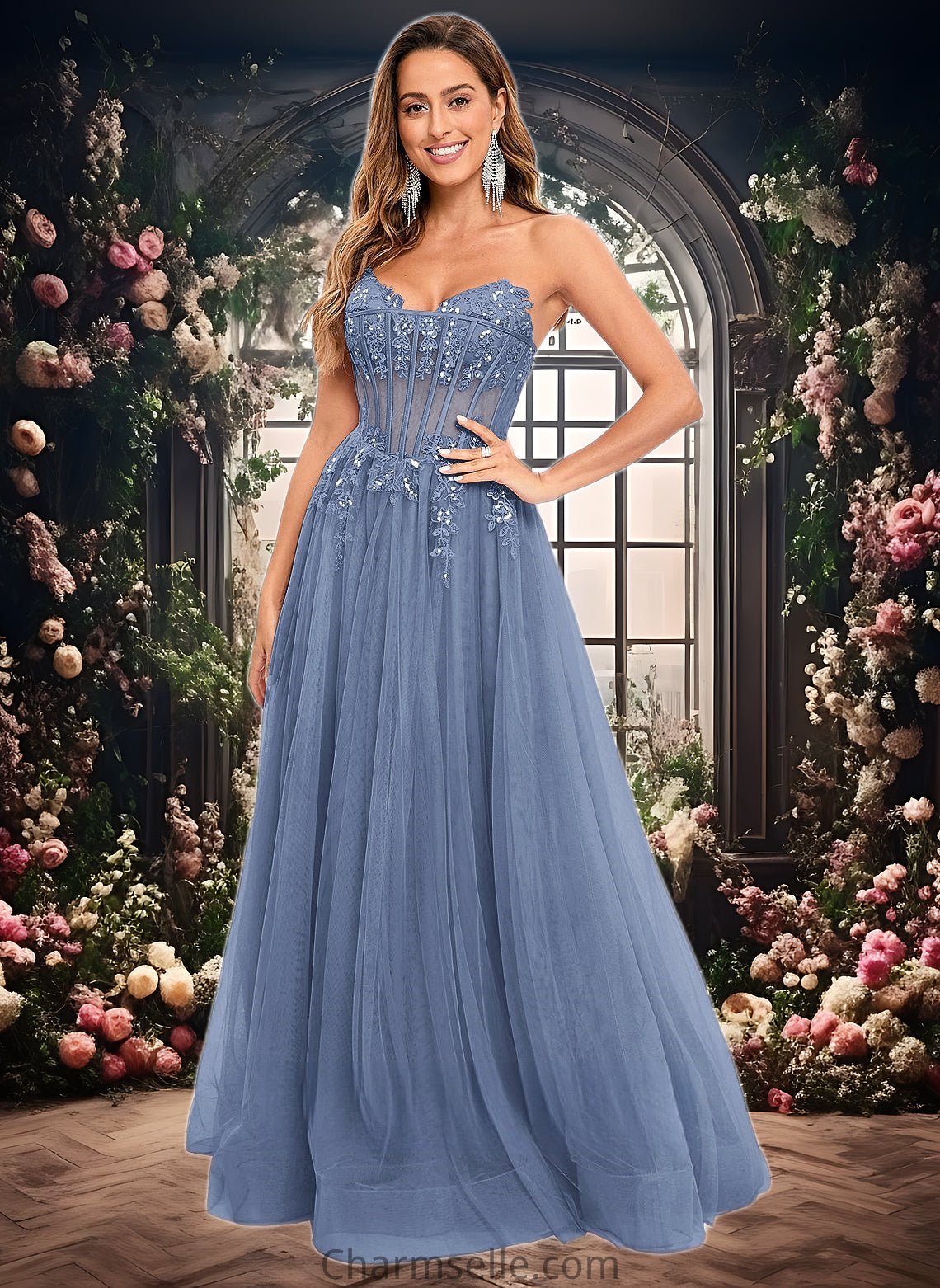 Aliza Ball-Gown/Princess V-Neck Floor-Length Tulle Prom Dresses With Sequins Appliques Lace DNP0025837