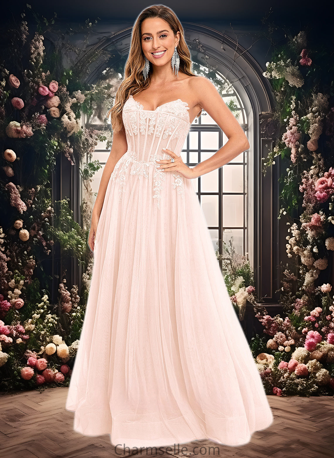 Aliza Ball-Gown/Princess V-Neck Floor-Length Tulle Prom Dresses With Sequins Appliques Lace DNP0025837