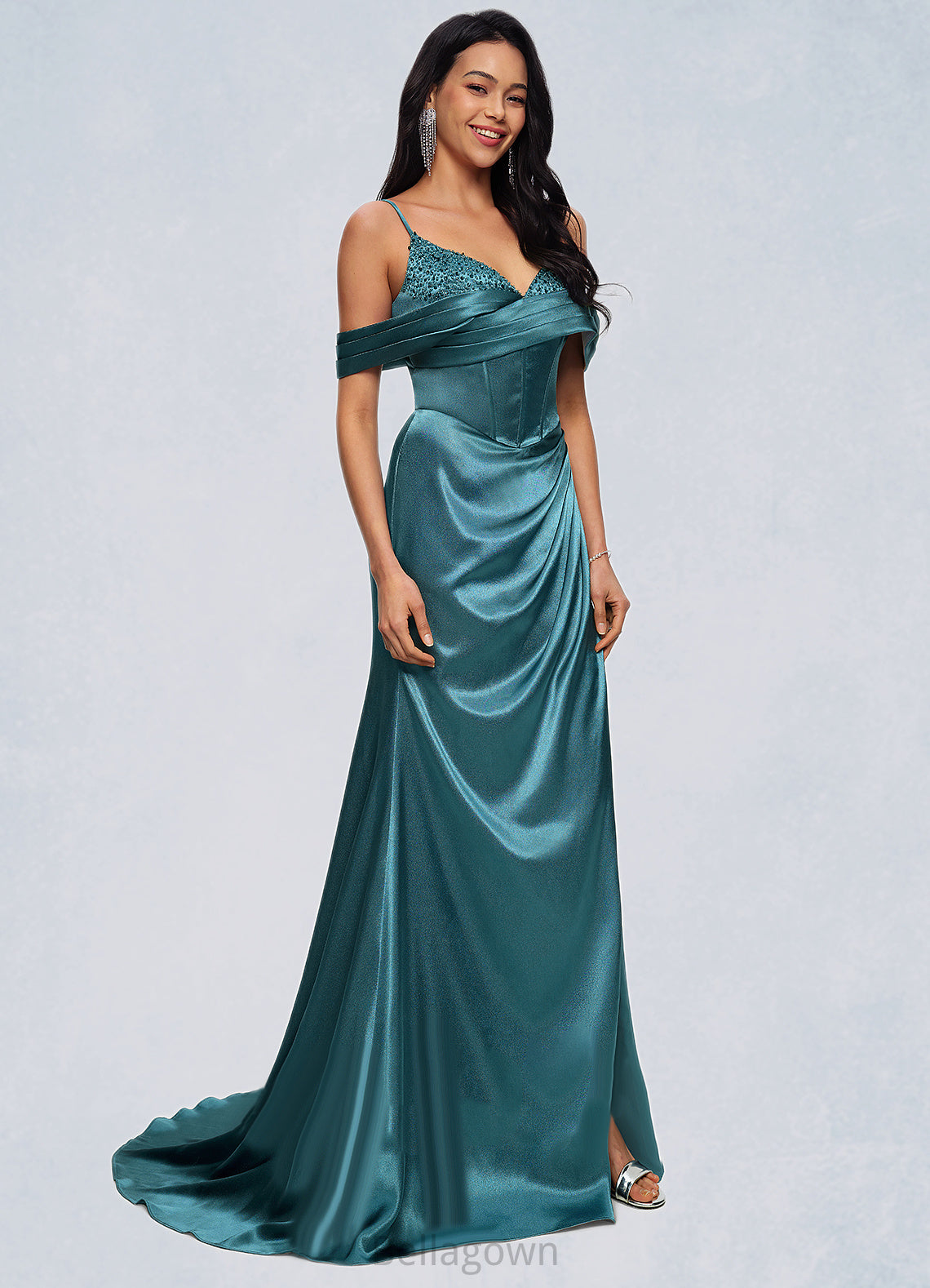 Elena Trumpet/Mermaid V-Neck Sweep Train Stretch Satin Prom Dresses With Beading Rhinestone Sequins DNP0022213