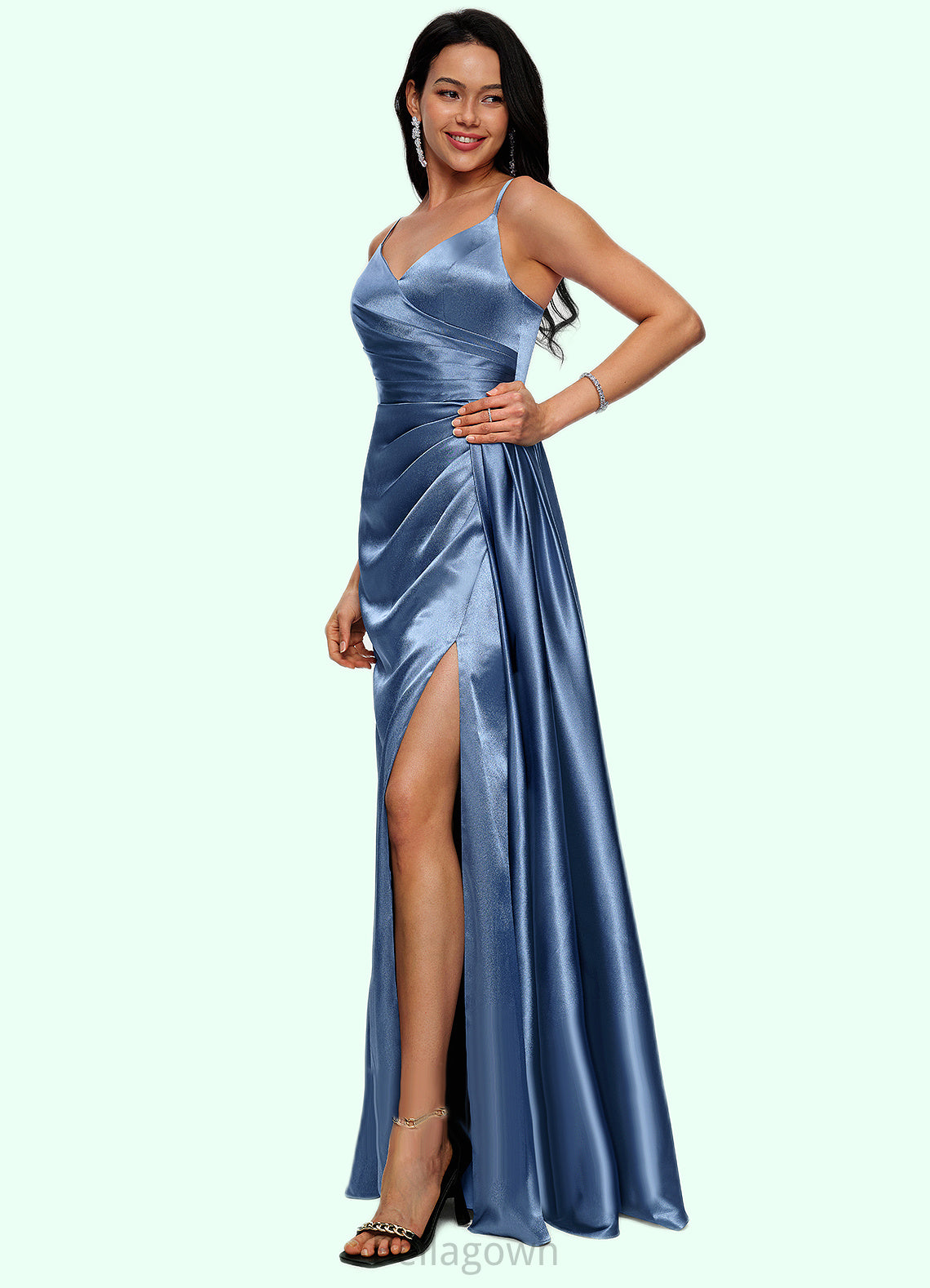 Harmony Sheath/Column V-Neck Floor-Length Stretch Satin Prom Dresses With Pleated DNP0022214