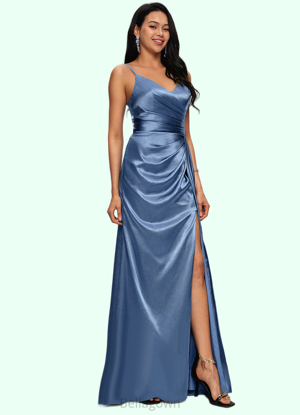 Harmony Sheath/Column V-Neck Floor-Length Stretch Satin Prom Dresses With Pleated DNP0022214