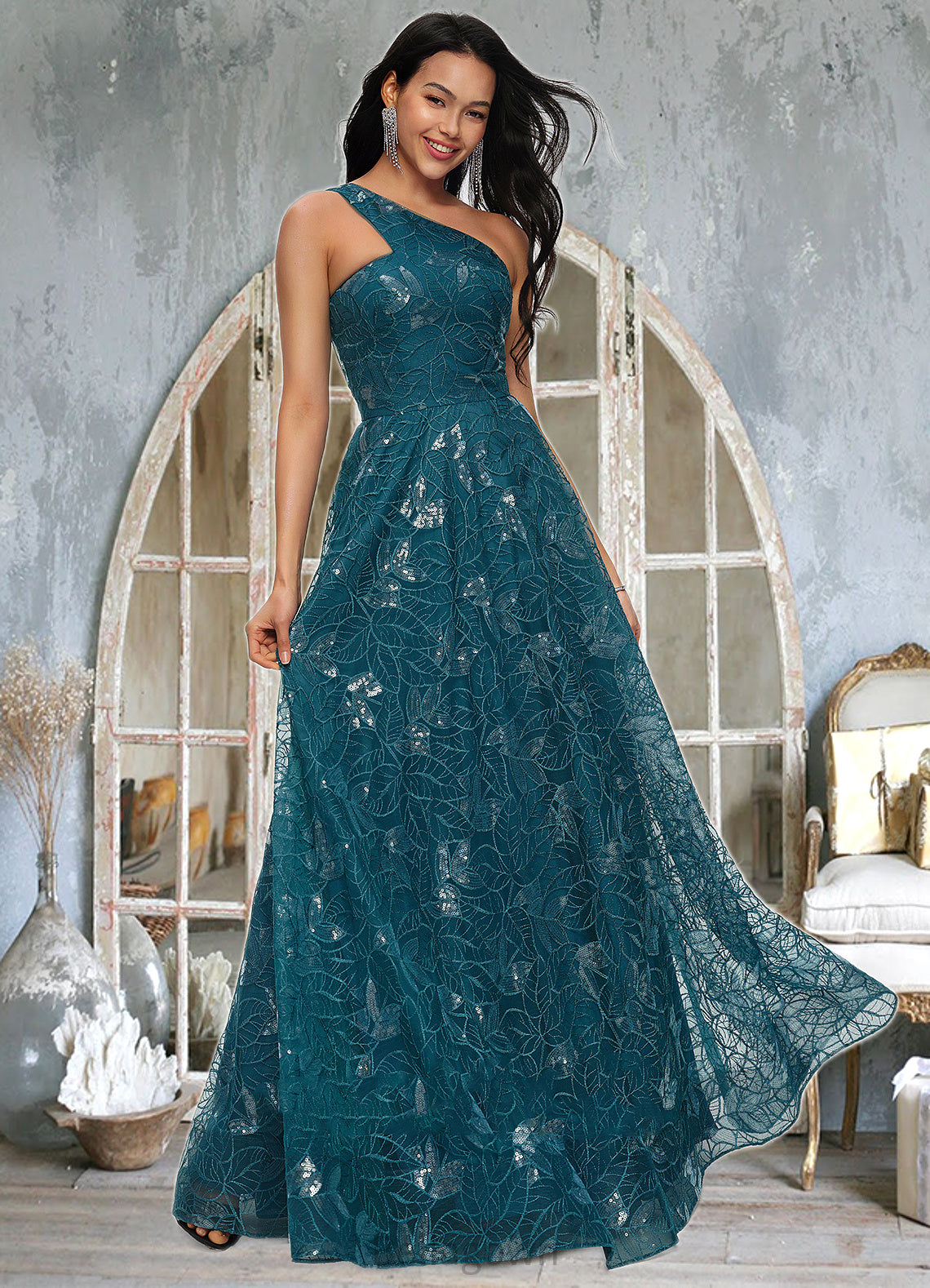 Victoria A-line Asymmetrical Floor-Length Lace Prom Dresses With Sequins DNP0022219