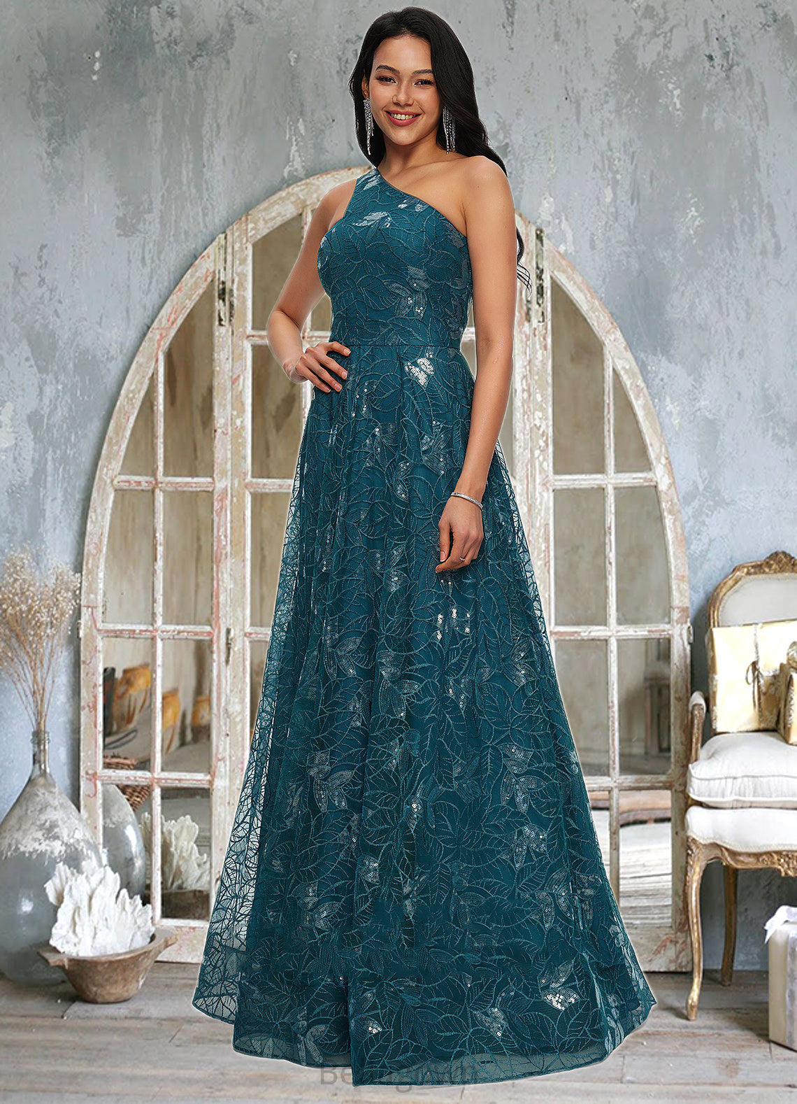 Victoria A-line Asymmetrical Floor-Length Lace Prom Dresses With Sequins DNP0022219