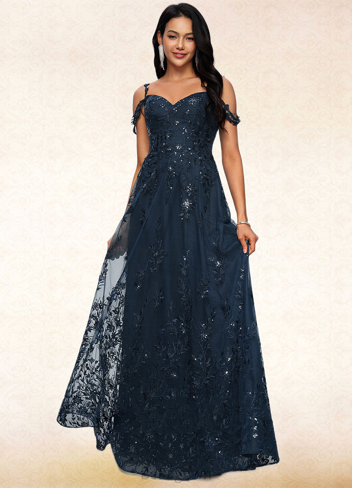 Kamora A-line V-Neck Floor-Length Lace Prom Dresses With Sequins DNP0022222