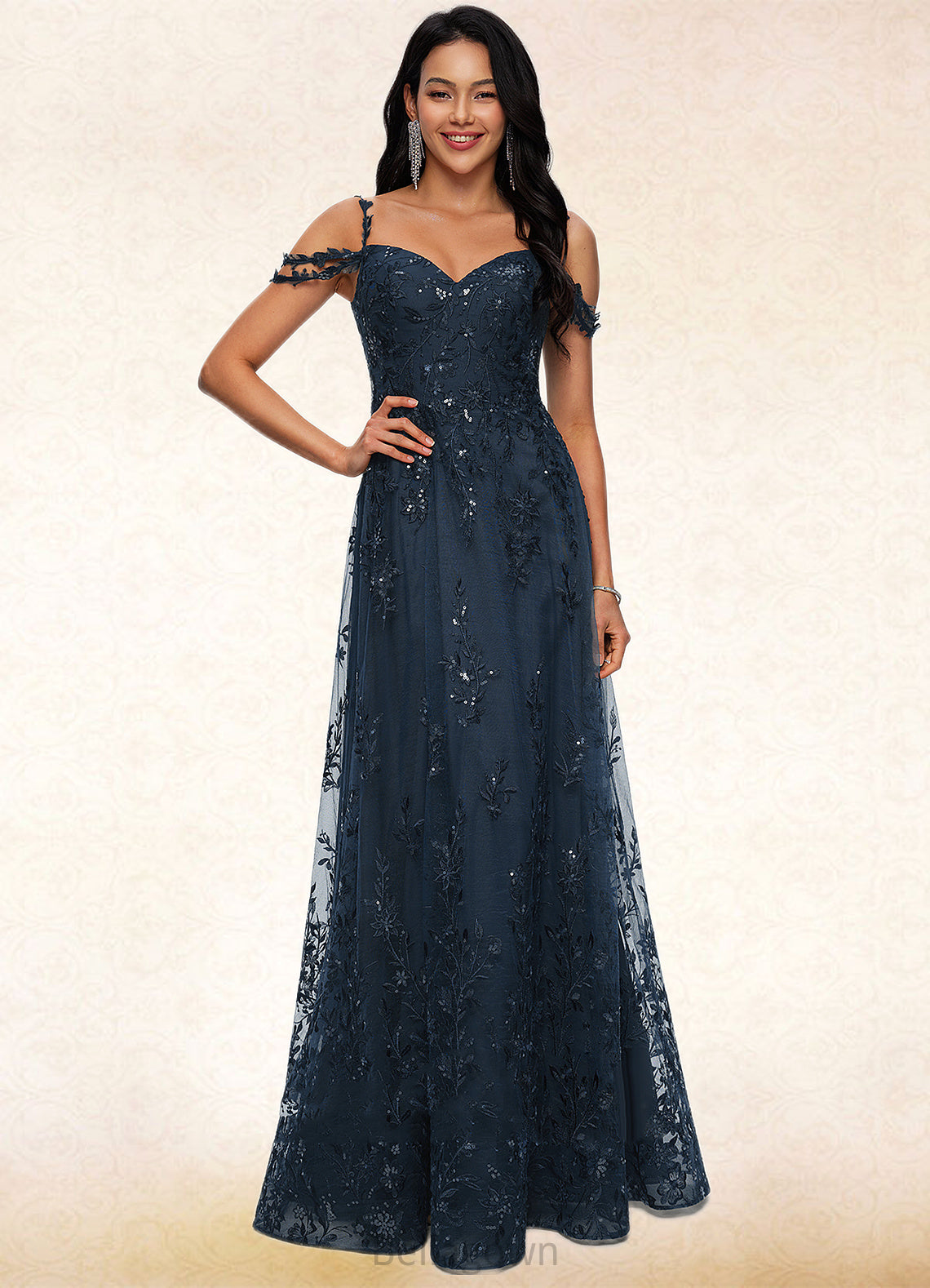 Kamora A-line V-Neck Floor-Length Lace Prom Dresses With Sequins DNP0022222