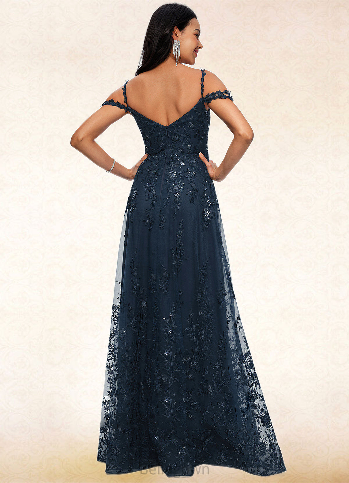 Kamora A-line V-Neck Floor-Length Lace Prom Dresses With Sequins DNP0022222